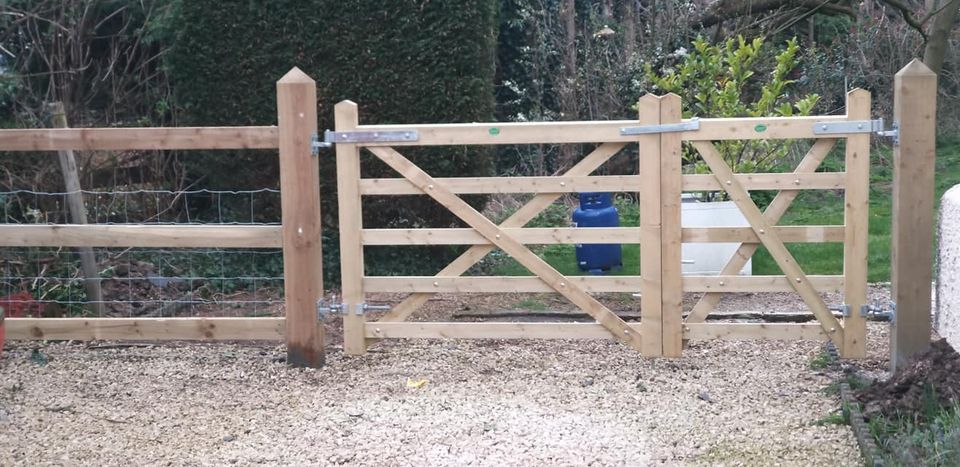 Timber five-bar gate and post-and-rail fencing